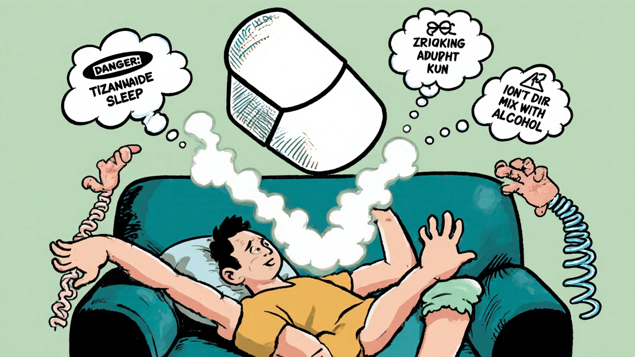 Un patient endormi sous une pilule géante qui apaise des membres tordus, entouré de signaux d&#039;avertissement flottants.