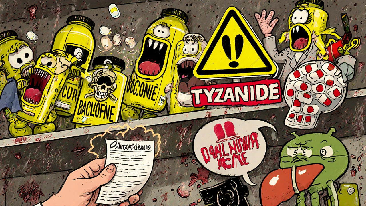 Une étagère de pharmacie chaotique avec des médicaments qui crient, une foie qui refuse la pilule et un panneau d&#039;avertissement.
