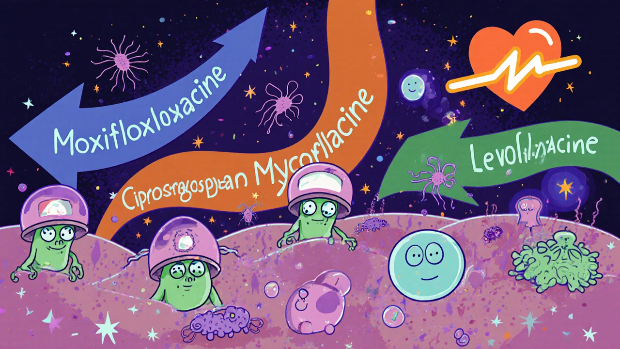 Bactéries cartoon dans les voies respiratoires avec flèches colorées représentant différents antibiotiques et cœur électrique.