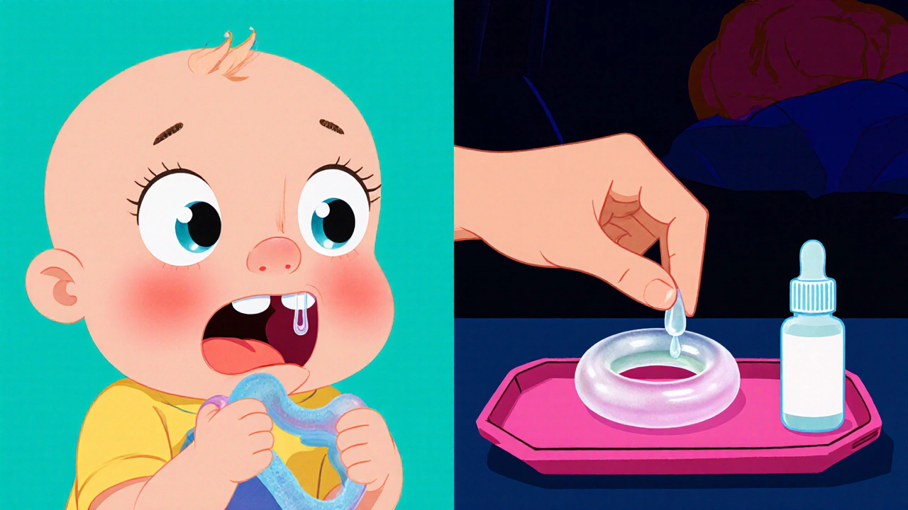 Bébé agité avec gencives enflées, maman applique du gel et montre un anneau de dentition frais.