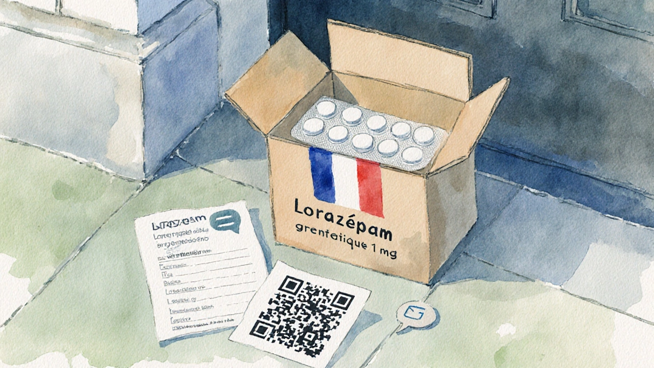 Boîte de livraison ouverte montrant des comprimés de lorazépam générique et un code QR de prescription.