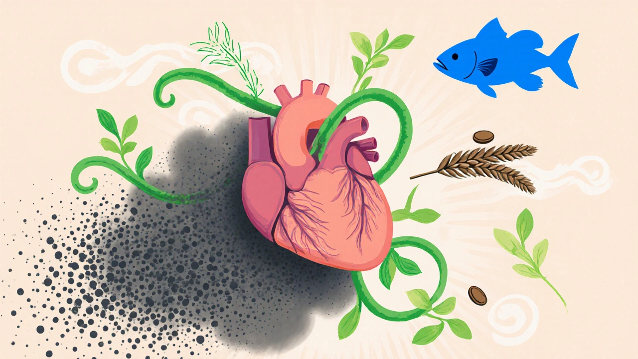 Cœur stylisé entouré de sel sombre, vapeurs vertes de potassium et silhouettes bleues d'oméga‑3.
