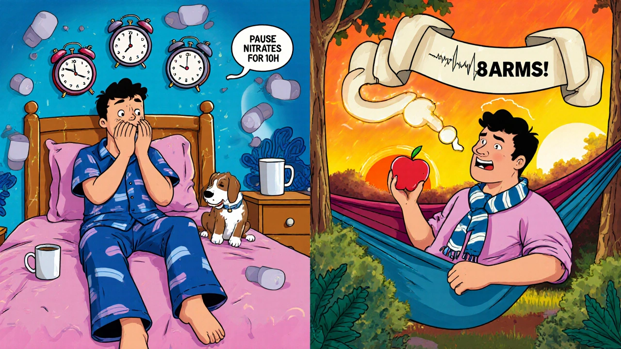 Comparaison cartoon d&#039;une vie chaotique avec Isordil vs une vie calme avec un seul comprimé quotidien, dans un style coloré et humoristique.