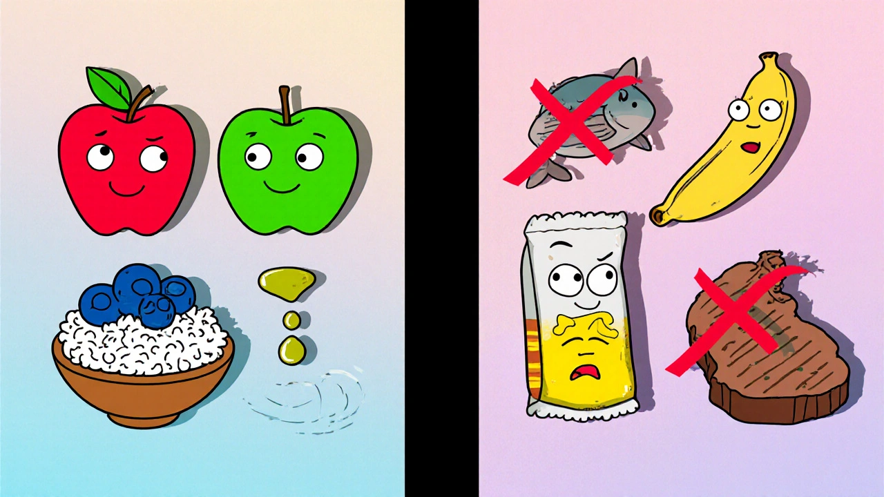 Comparaison d'aliments recommandés et à éviter pour les reins, dessin cartoon Adult Swim.
