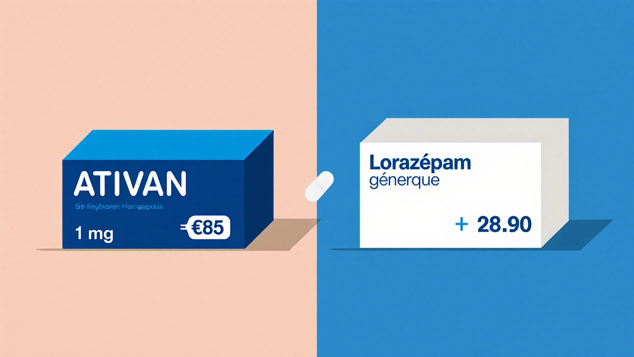 Comparaison visuelle d&#039;une boîte Ativan et d&#039;une boîte de lorazépam générique avec leurs prix.