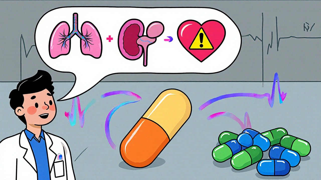 Docteur cartoon choisissant entre un antibiotique orange pour les poumons et des capsules bleu/vert pour d'autres infections.