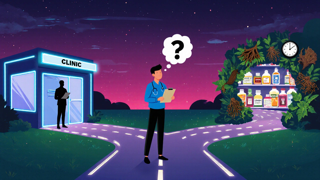 Homme adulte à un carrefour nocturne, entre clinique, pharmacie et jardin d&#039;herbes naturelles.