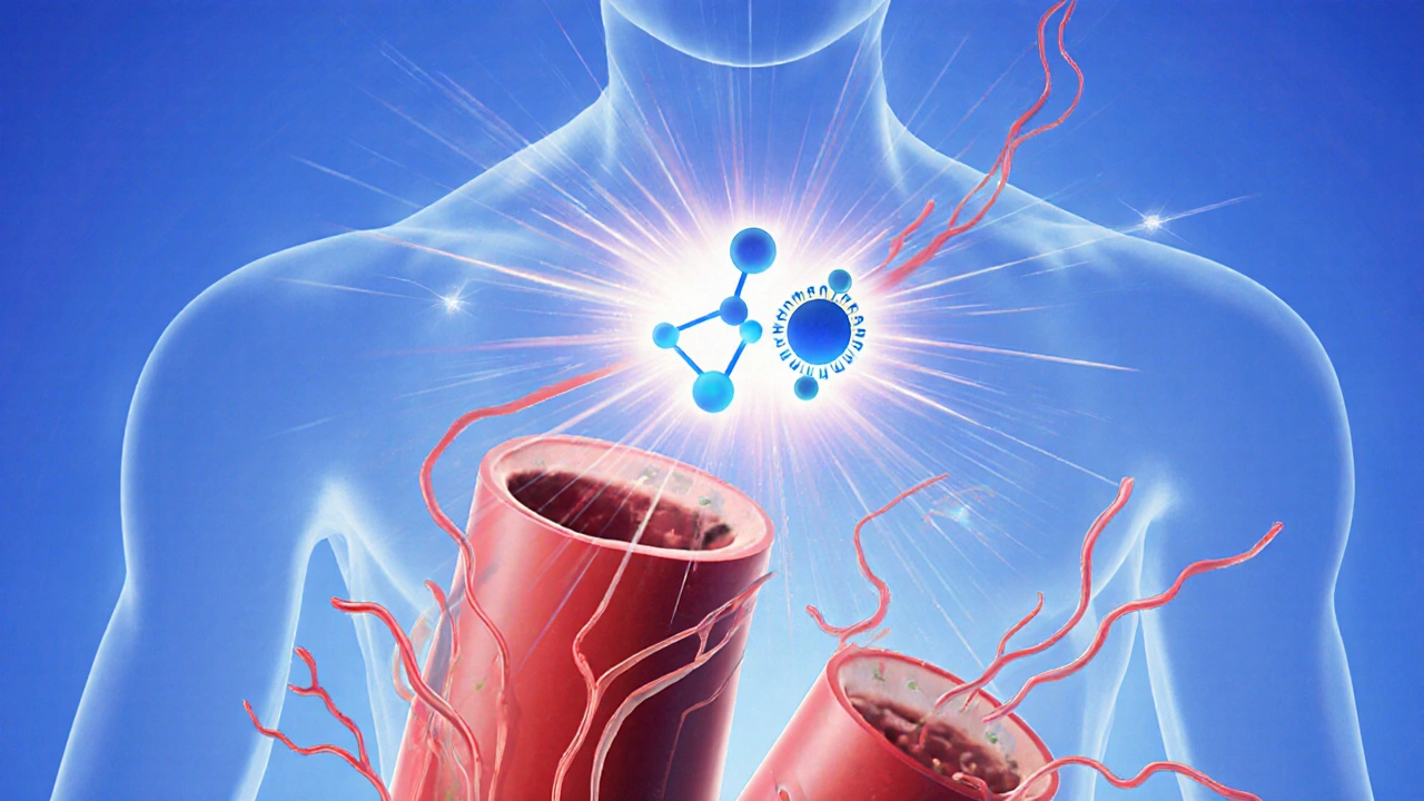 Illustration montrant des vaisseaux qui se dilatent grâce à l'action combinée des molécules.