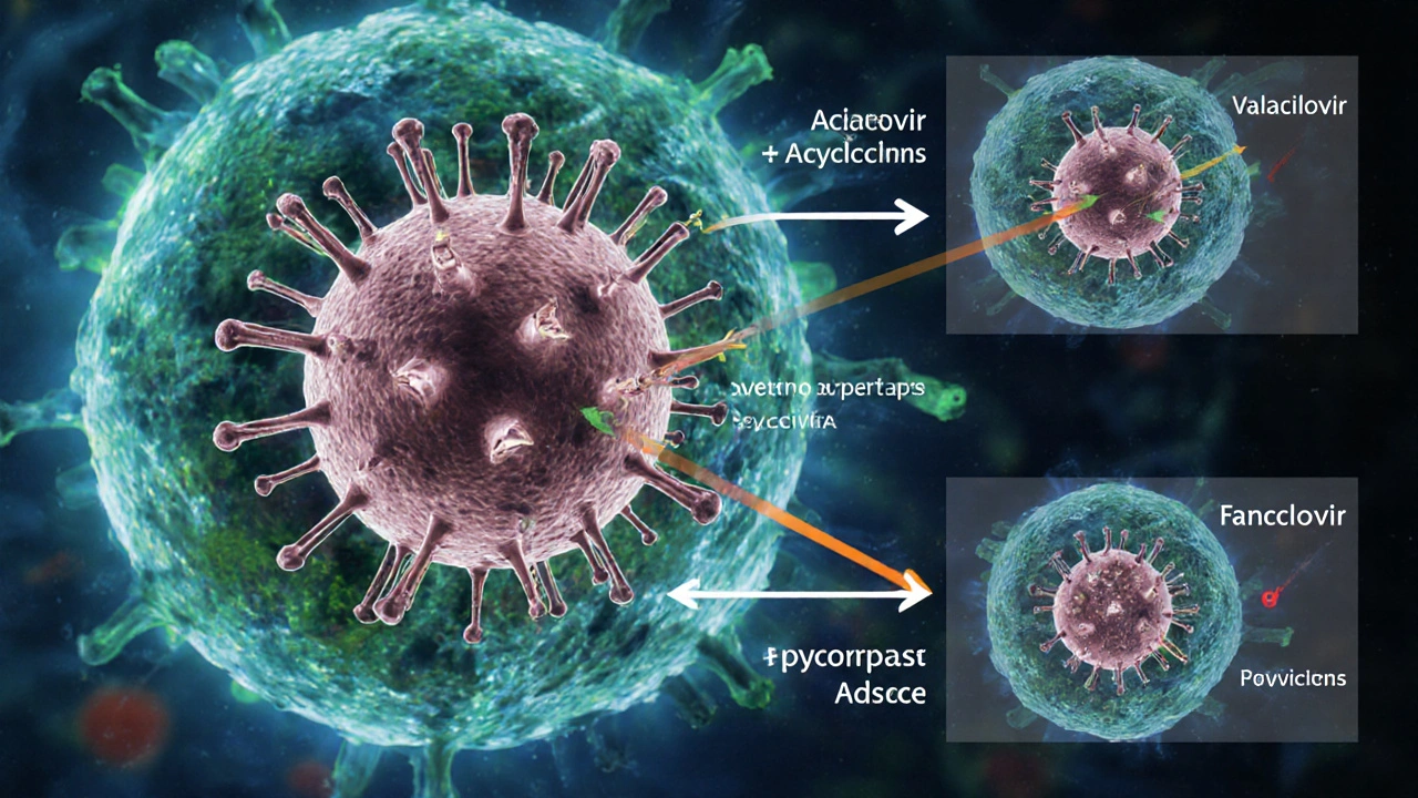 Illustration montrant le virus herpès entrant dans la cellule et l’aciclovir bloquant sa réplication.