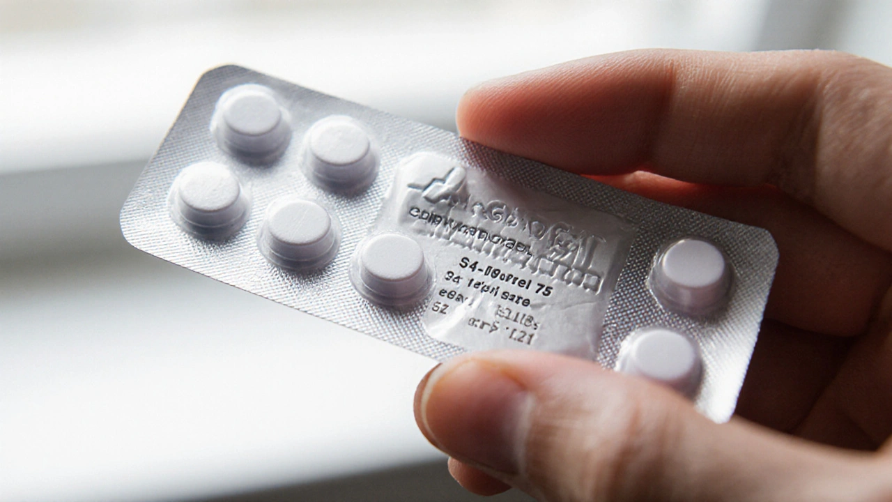 Main vérifiant un blister de clopidogrel générique avec le logo ANSM, lot et date de péremption.