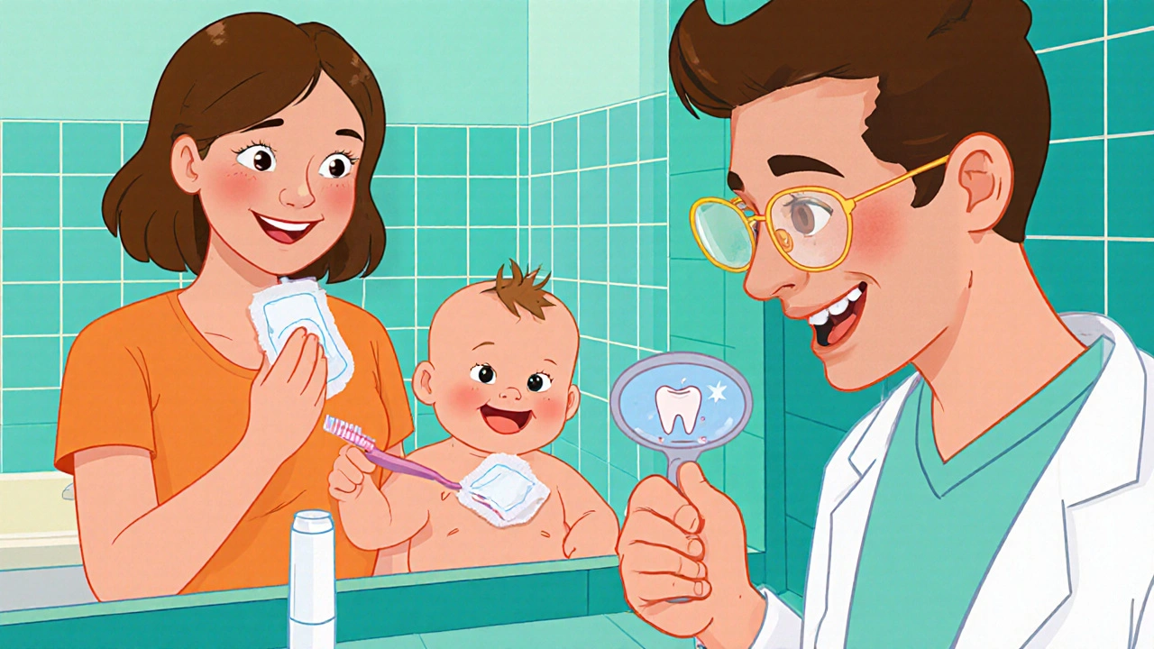 Maman nettoie les gencives du bébé, dentiste examine la bouche avec une petite brosse à dents.