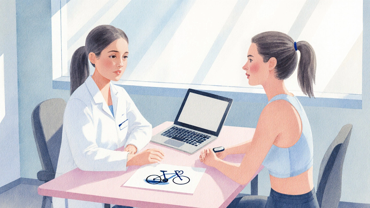 Médecin du sport discute avec un patient, montrant un moniteur de fréquence cardiaque et un vélo.