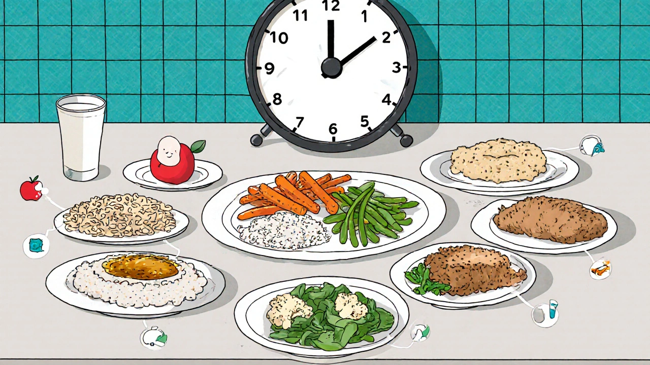 Menu journalier pour stade 3 de maladie rénale, illustration cartoon Adult Swim d'un plateau de repas.