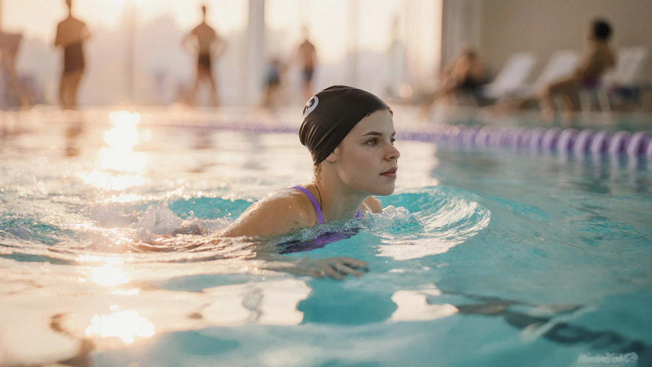 Nageuse confiante traversant une piscine claire au lever du jour, l’air détendu.