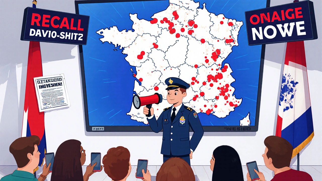 Officier de santé publique lance une alerte de rappel alimentaire sur fond de carte française.