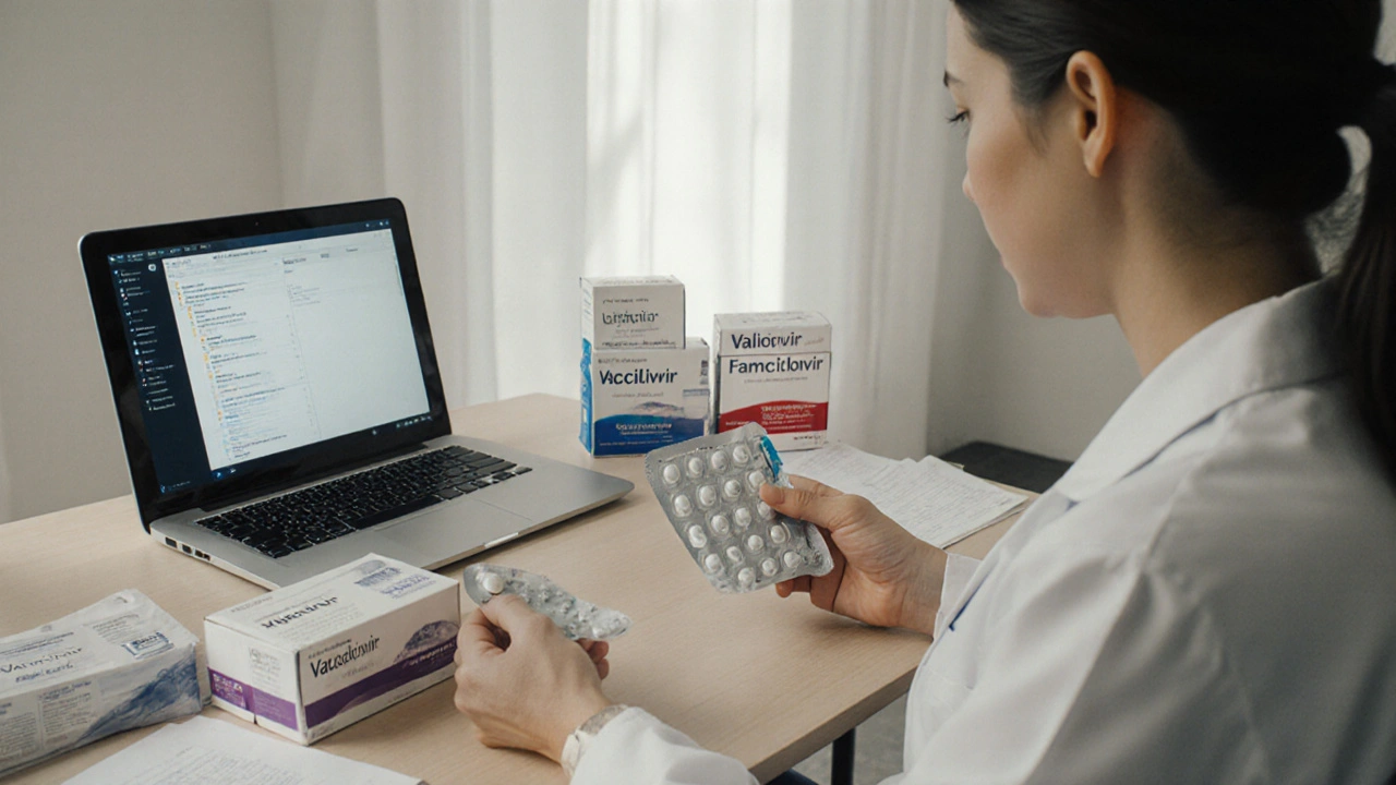 Patient discutant avec un médecin, comparant les boîtes d’Acivir et de Valaciclovir sur le bureau.