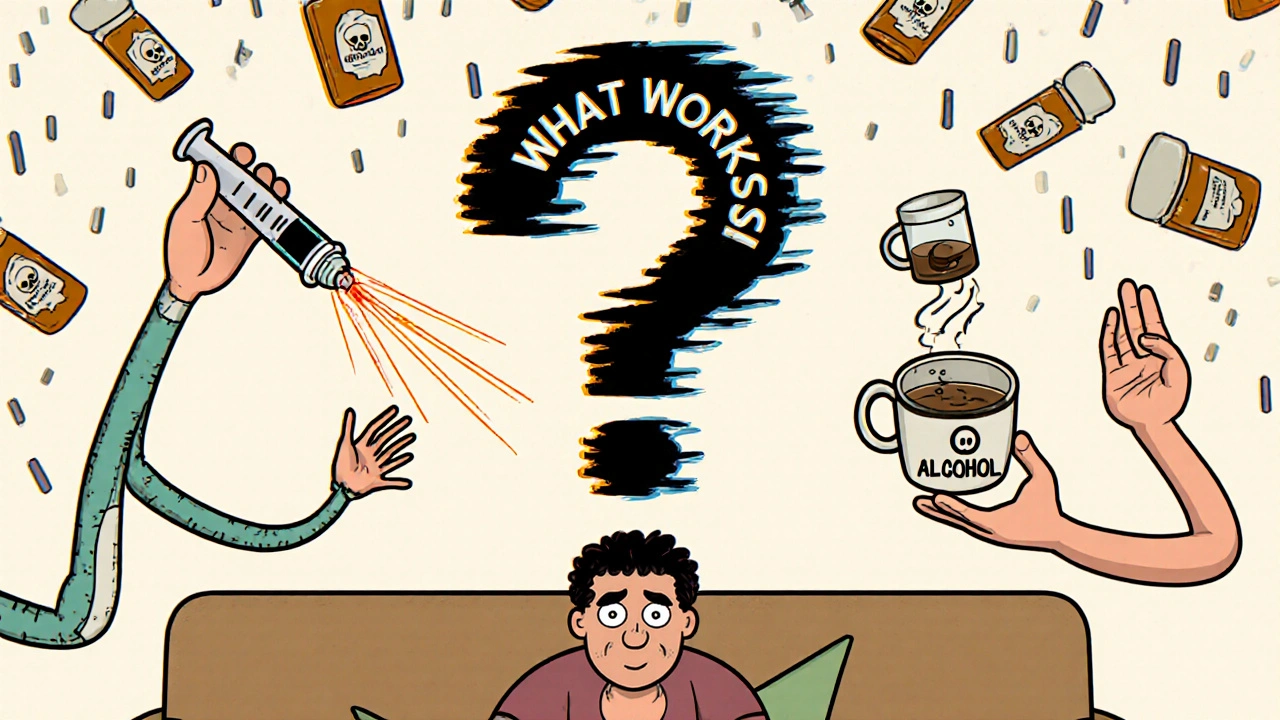 Patient entouré d&#039;alternatives au Zanaflex : Botox, kinésithérapie et avertissements, dans un style cartoon Adult Swim.