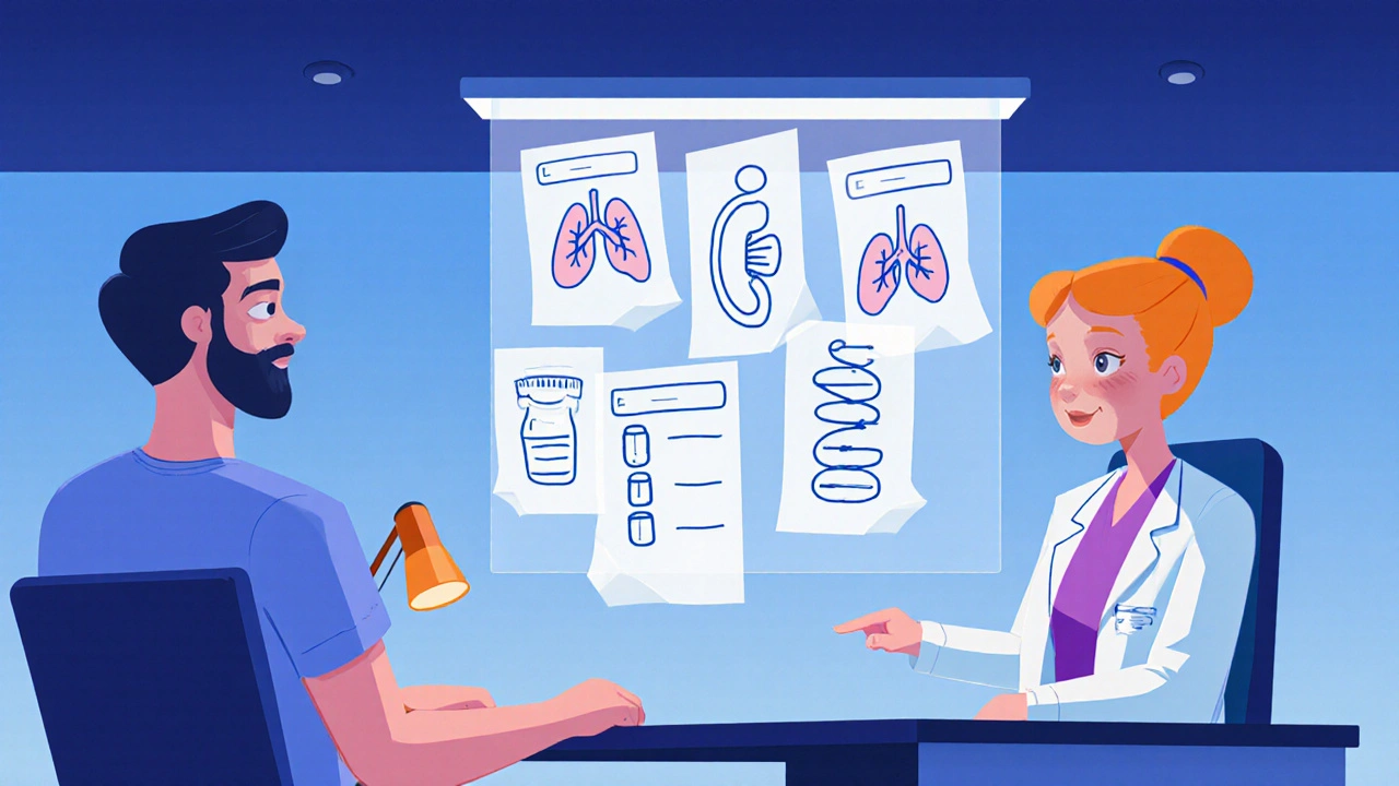 Patient et médecin consultant une checklist illustrée de critères de choix.