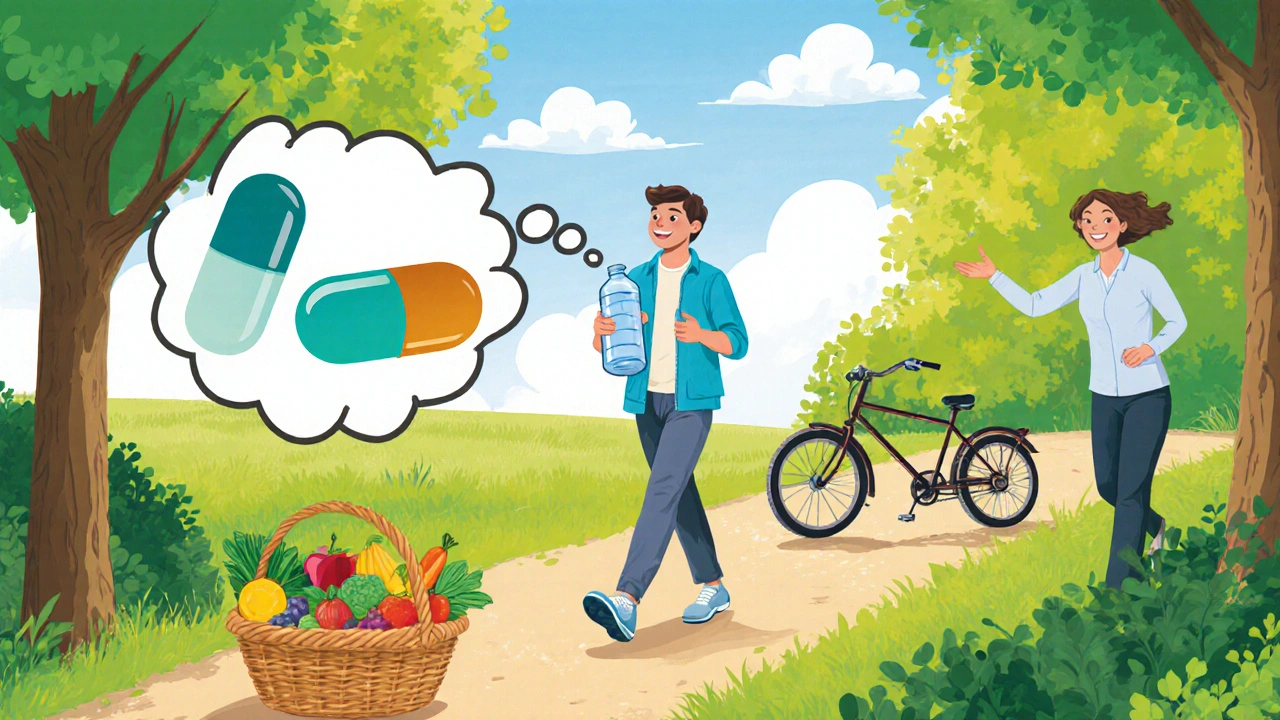Patient marchant dans un parc, portant des fruits, avec une bulle montrant deux capsules de médicaments alternatifs.
