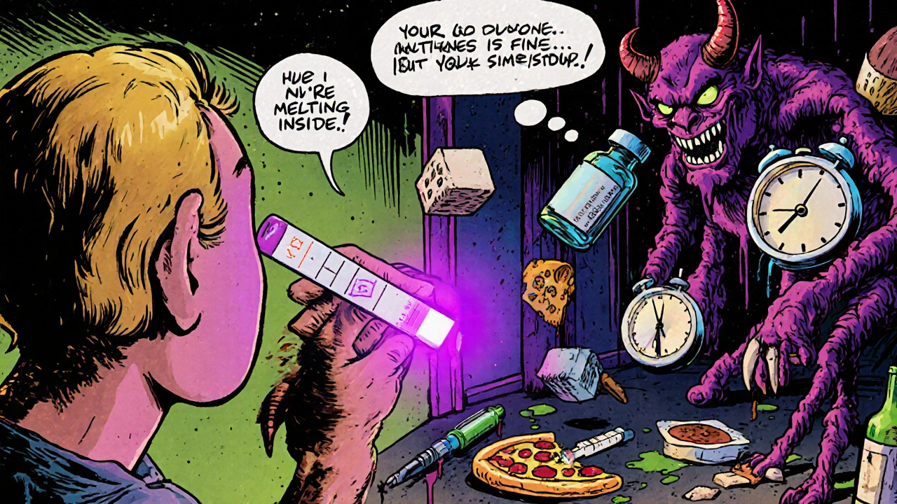 Patient testant ses cétones avec une bandelette qui brille, un démon de l&#039;insuline lui souffle à l&#039;oreille, objets de risque flottent autour.