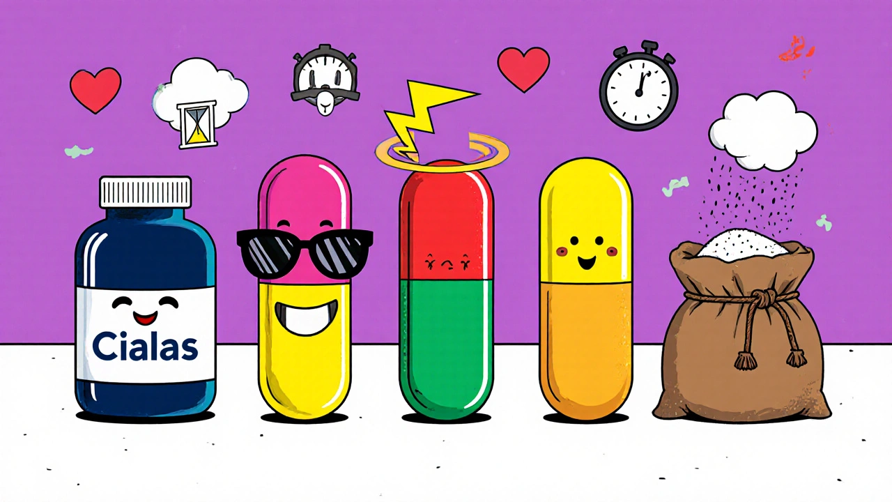Personnages cartoon représentant Cialis, Sildenafil, Vardenafil, Avanafil et L‑arginine avec icônes de durée et rapidité.