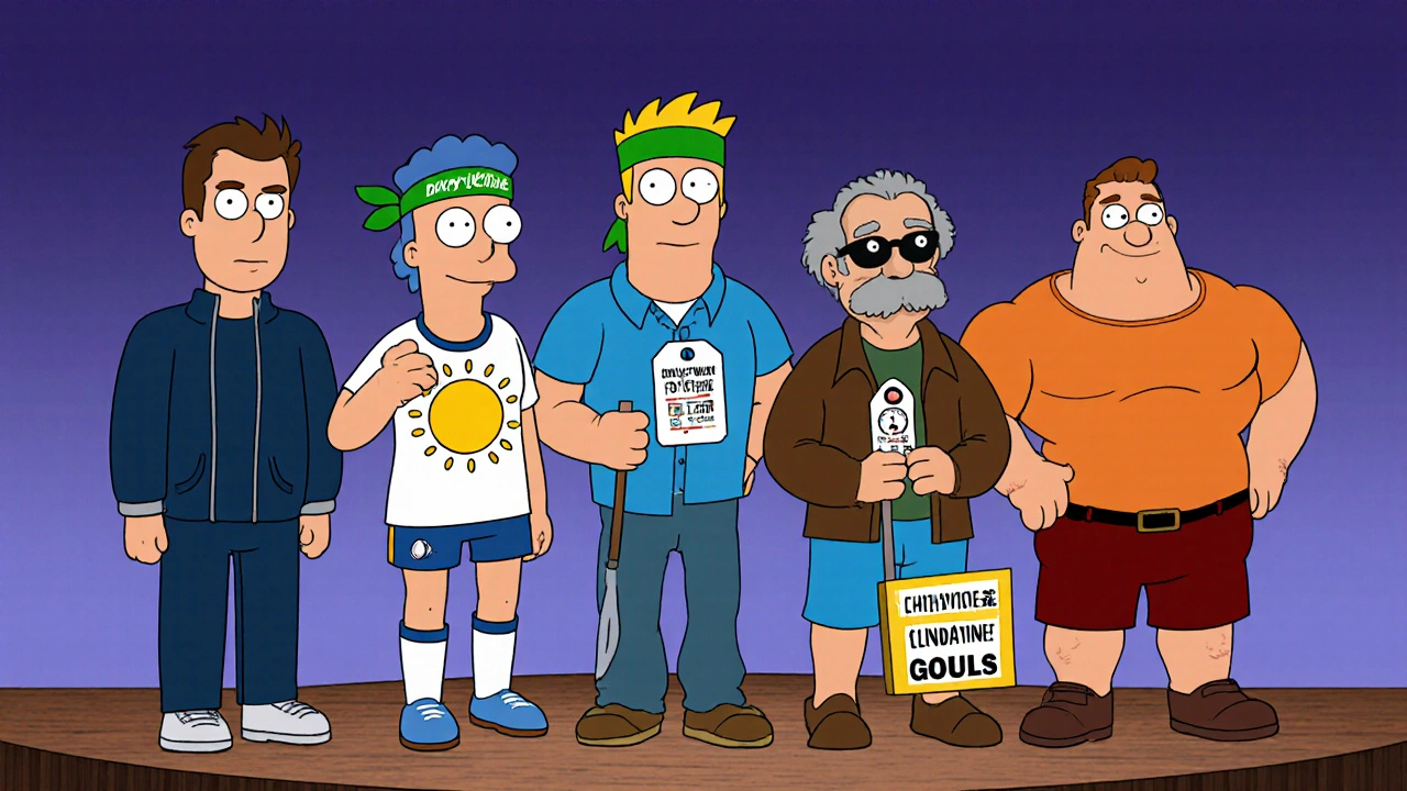 Personnages cartoon représentant Minocin, Doxycycline, Tétracycline, Azithromycine et Clindamycine sur scène.