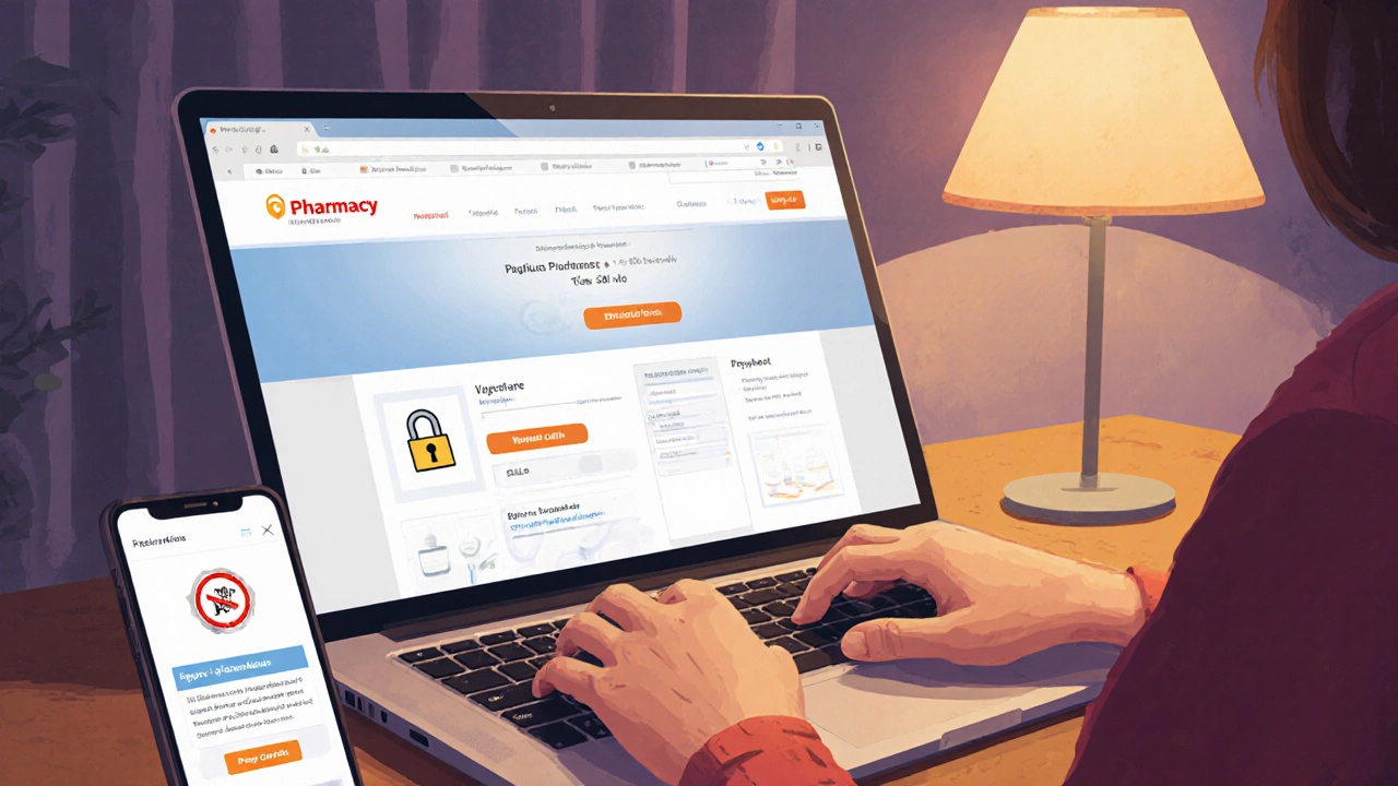 Personne commandant en ligne un médicament générique avec un site sécurisé affichant un cadenas SSL.