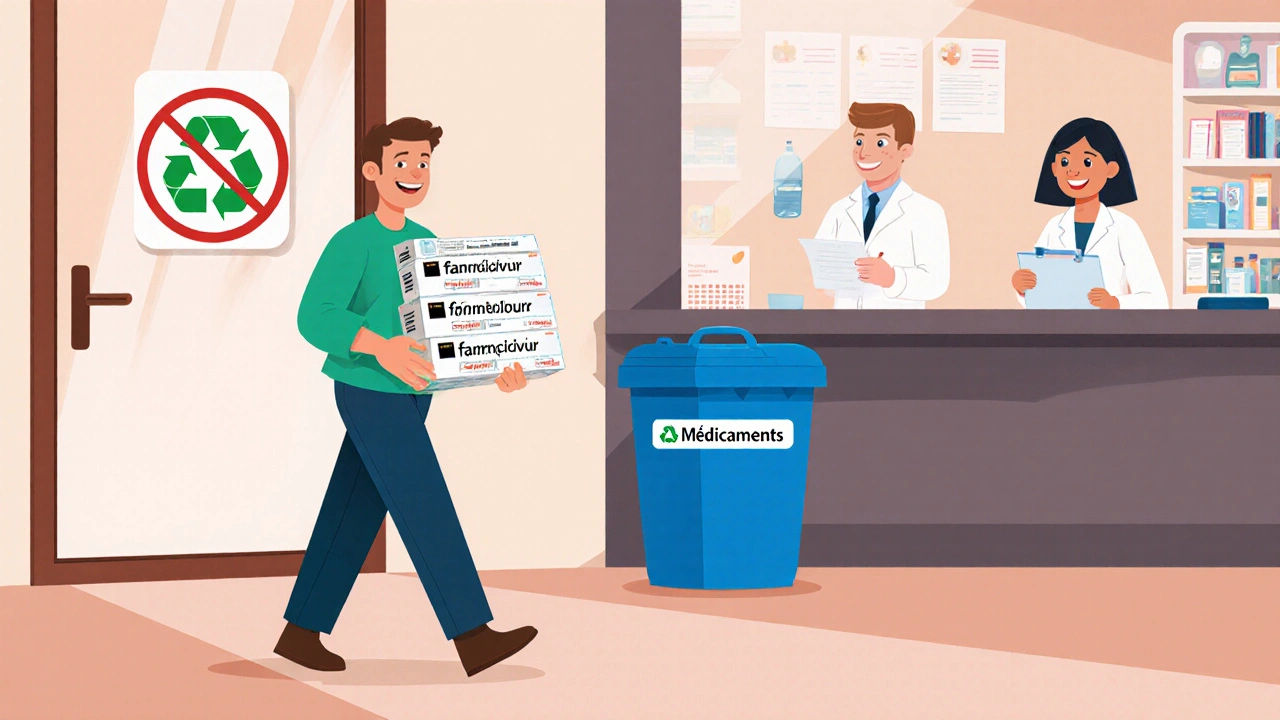 Personne dépose des flacons de famciclovir dans le bac de médicaments d’une pharmacie, guidée par le pharmacien.