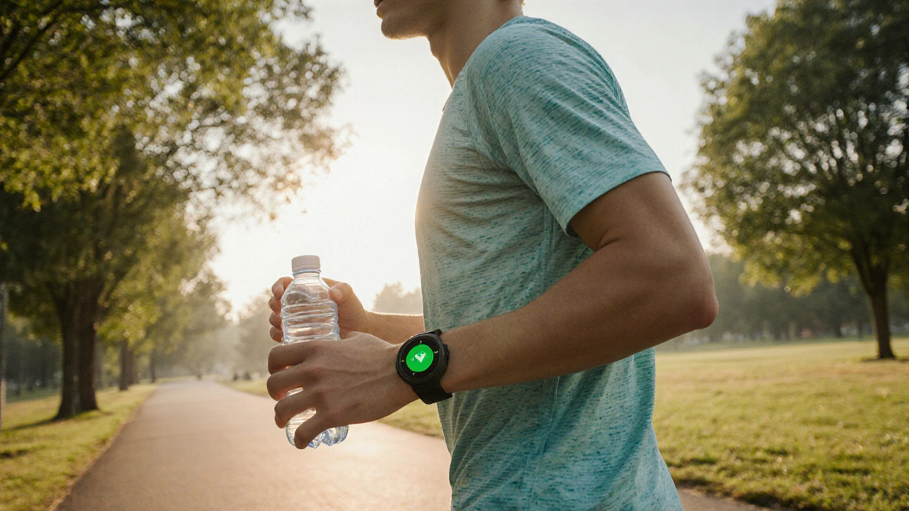 Personne en tenue sport marche rapidement dans un parc, tenant une bouteille d'eau et un moniteur cardio.