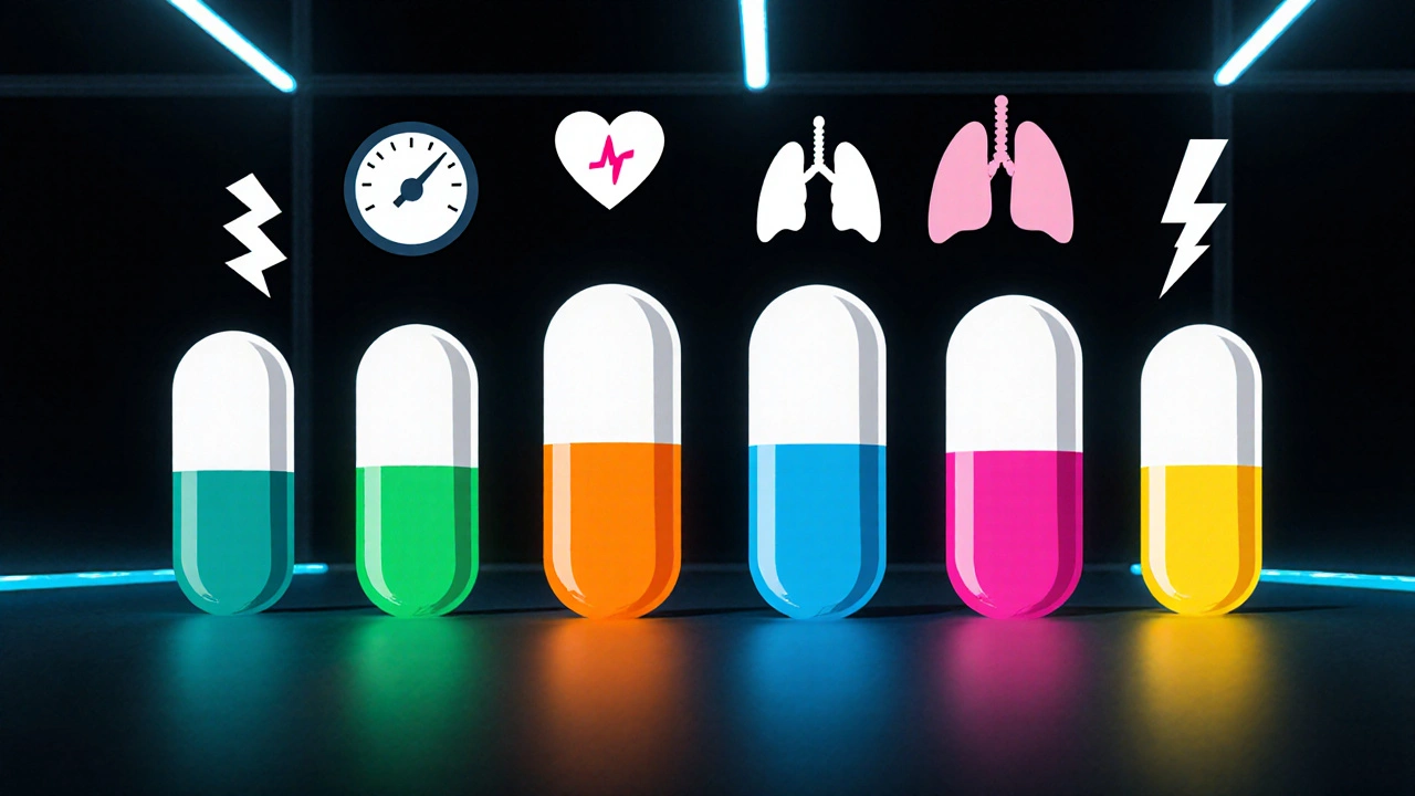 Rangée de pilules cartoon illustrant différents bêta‑bloquants avec icônes santé.