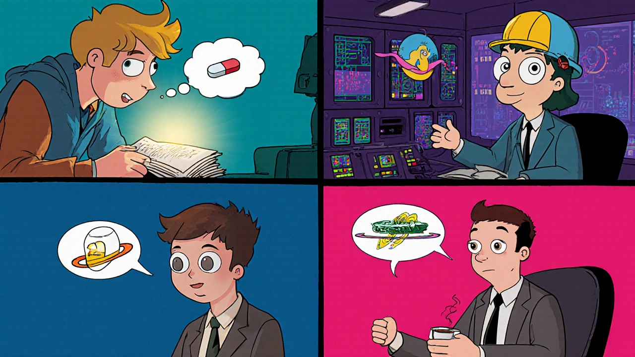 Scène cartoon avec quatre personnages illustrant l&#039;usage de différents stimulants selon la situation.