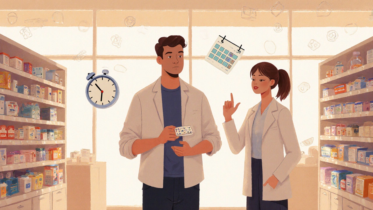 Scène de pharmacie avec un homme et un pharmacien, icônes d'horloge et de calendrier en arrière‑plan.