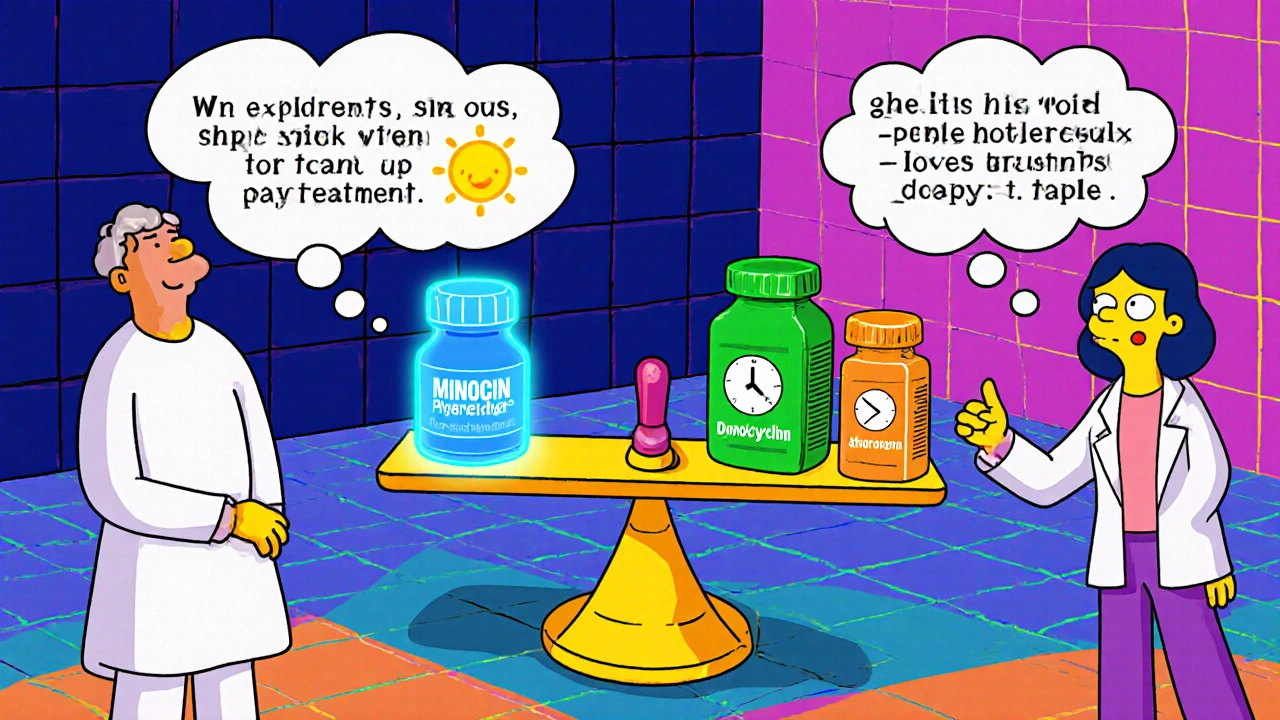 Scène où un patient compare Minocin à d&#039;autres antibiotiques sur une balance, avec icônes de risques et coûts.