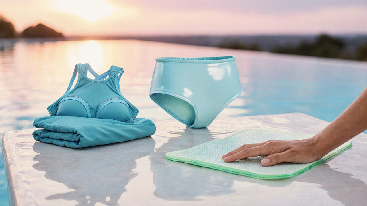 Table à bord du bord de la piscine montrant maillot à poche, culotte à coque et tapis flottant.