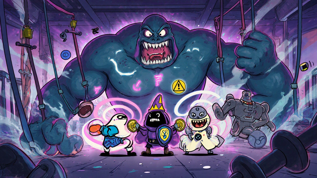 Trois médicaments cartoon en combat contre une créature de spasticité dans une salle de rééducation.