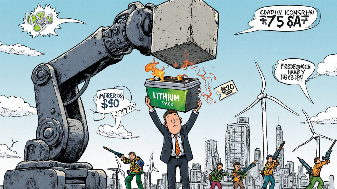 Un bras mécanique soulève un bloc de béton pour alimenter une ville, tandis qu&#039;un homme tient une batterie lithium qui fume.