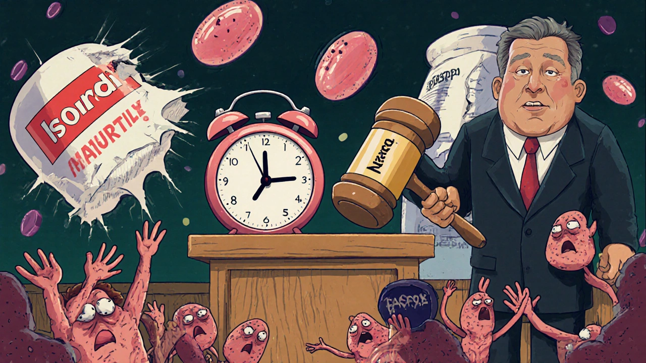 Un procès cartoon où Isordil est jugé pour ses effets secondaires, entouré de comprimés et de cellules cardiaques qui votent.