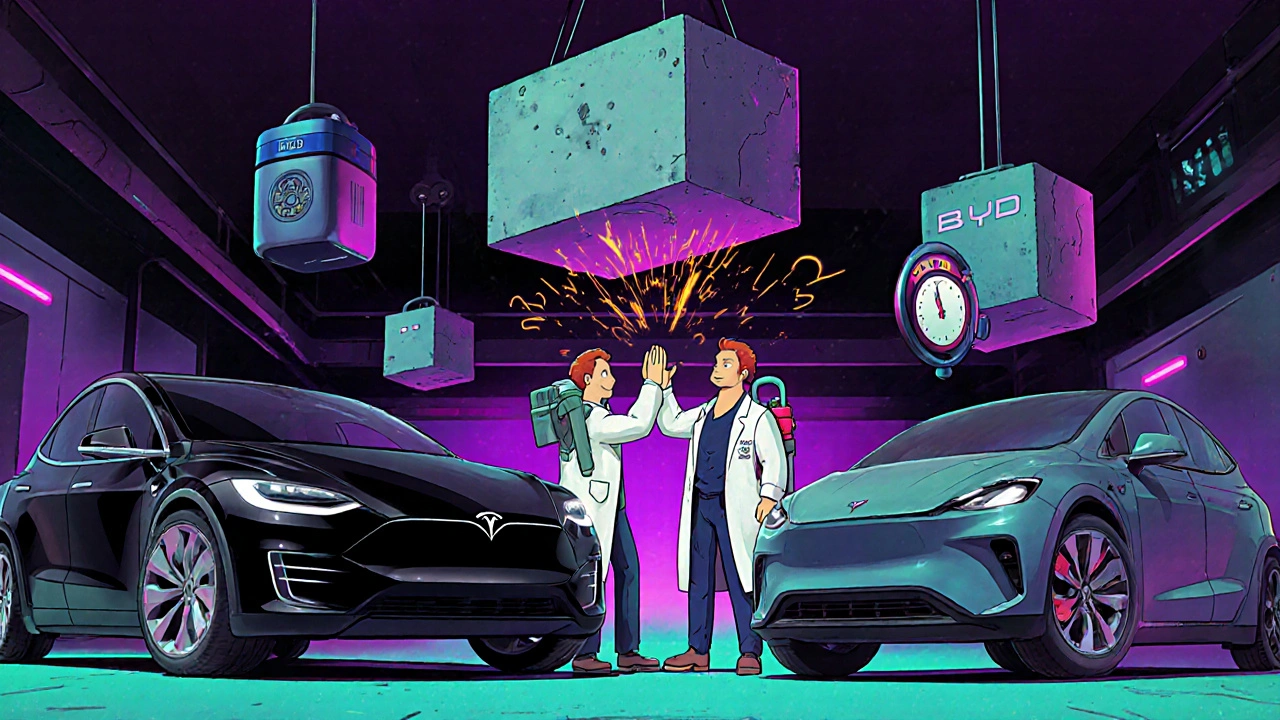 Une garage futuriste où une voiture LFP célèbre avec une autre, tandis qu&#039;une batterie à état solide tente de les impressionner.