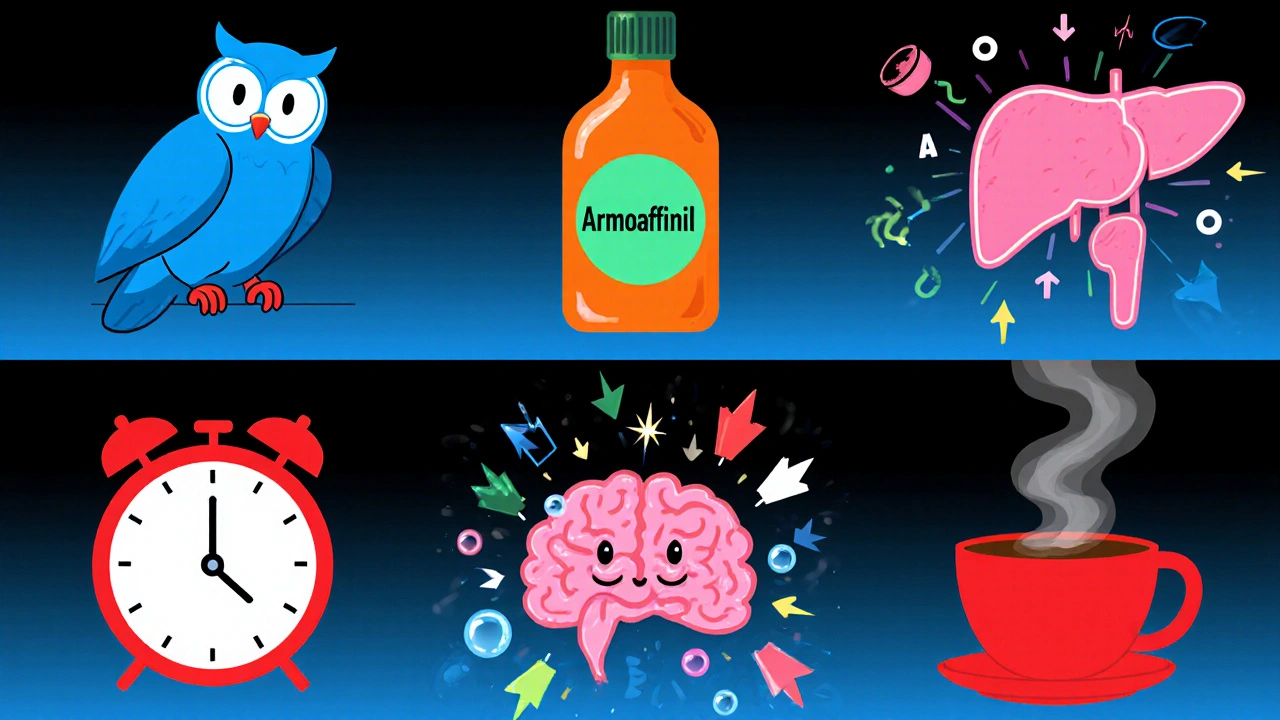 Vignettes cartoon montrant chaque stimulant avec un objet symbolique et un arrière‑plan stylisé.