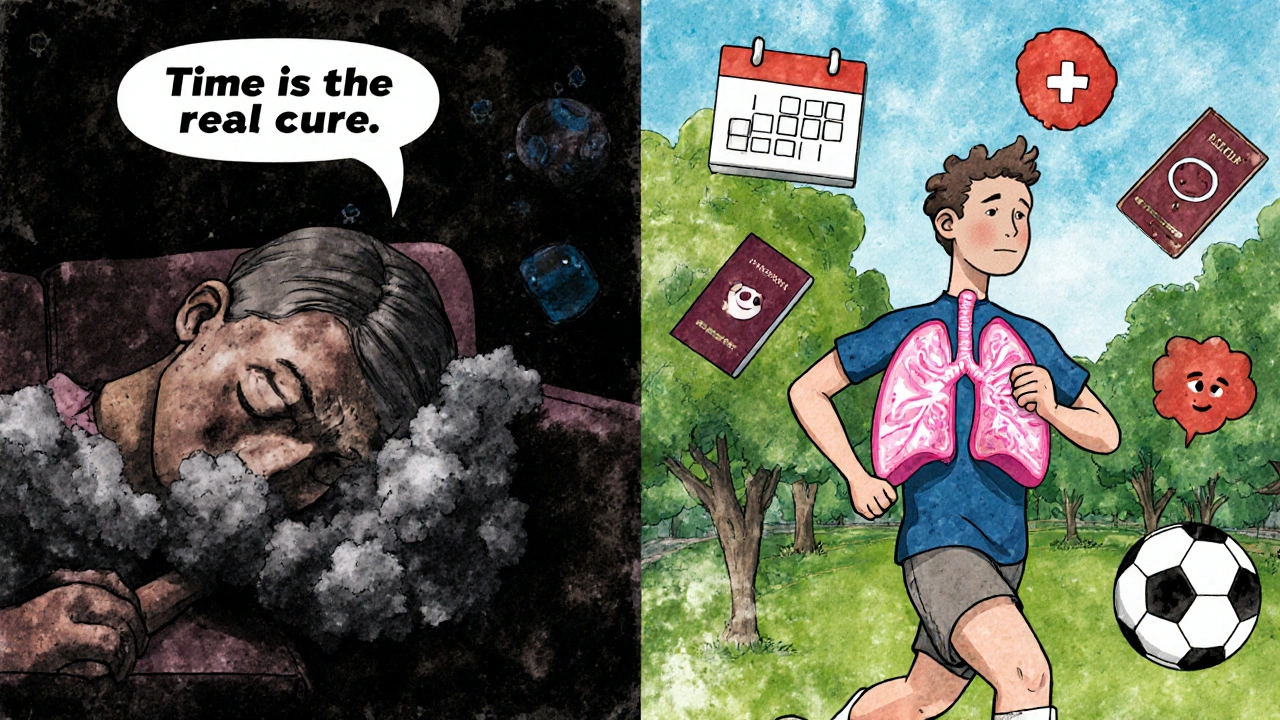 Comparaison de deux états : poumons détruits vs poumons brillants, avec des symboles de liberté et de vie améliorée.