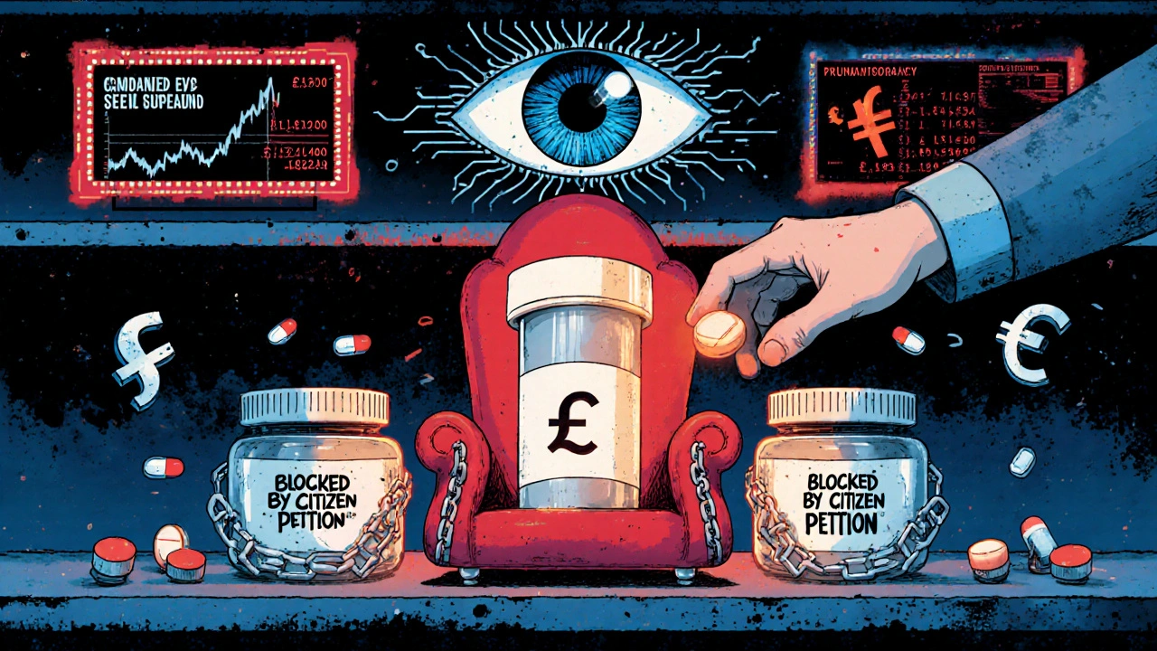 Des génériques emprisonnés sous une main de profit, surveillés par un œil d&#039;IA dans une pharmacie dystopique.