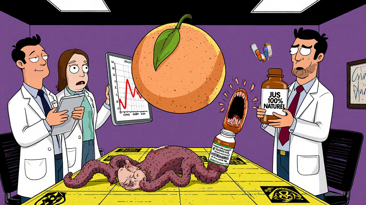 Des médecins discutent devant un pamplemousse-bombe qui fait exploser des taux de médicaments dans un laboratoire absurde.