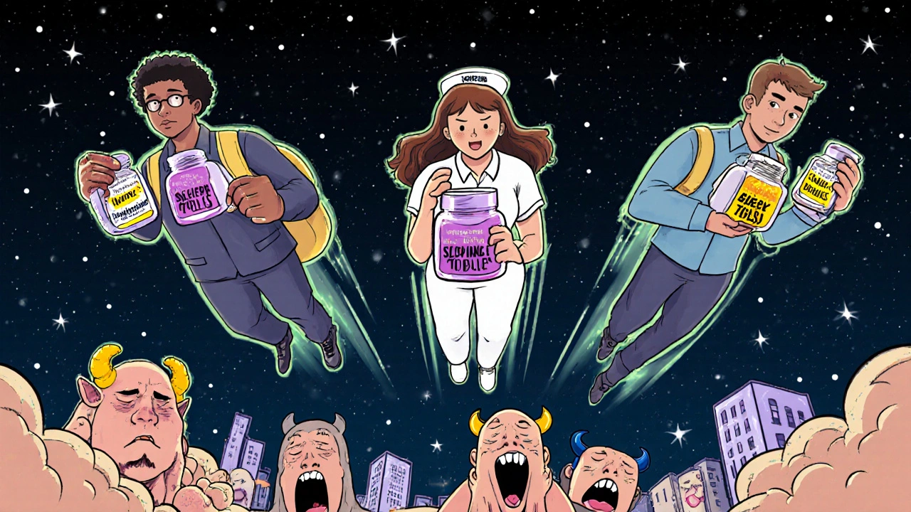 Des professionnels volant dans le ciel nocturne, repoussant des démons du sommeil avec des comprimés d&#039;allergie.