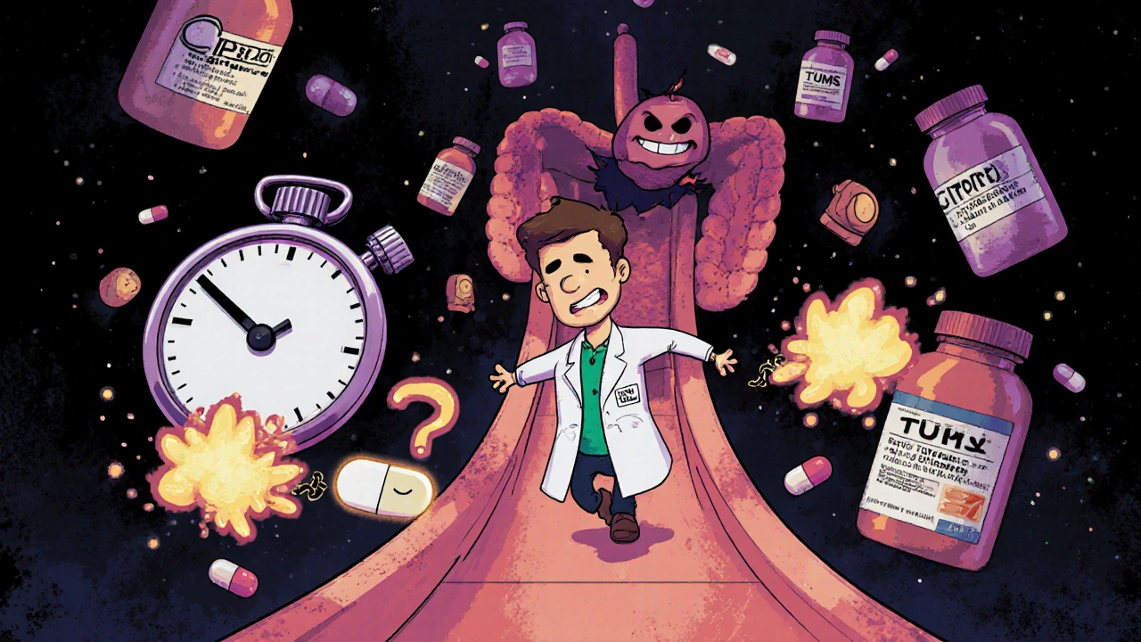 Deux comprimés lumineux courent sur un toboggan intestinal, évitant des antibiotiques qui explosent.