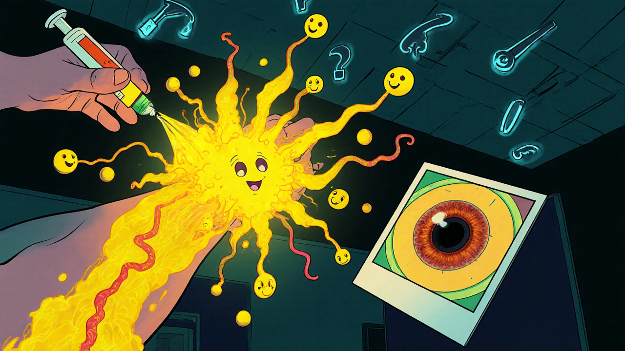 Dye fluorescent jaune circulant dans des vaisseaux rétiniens géants, avec des fuites sous forme de visages souriants.