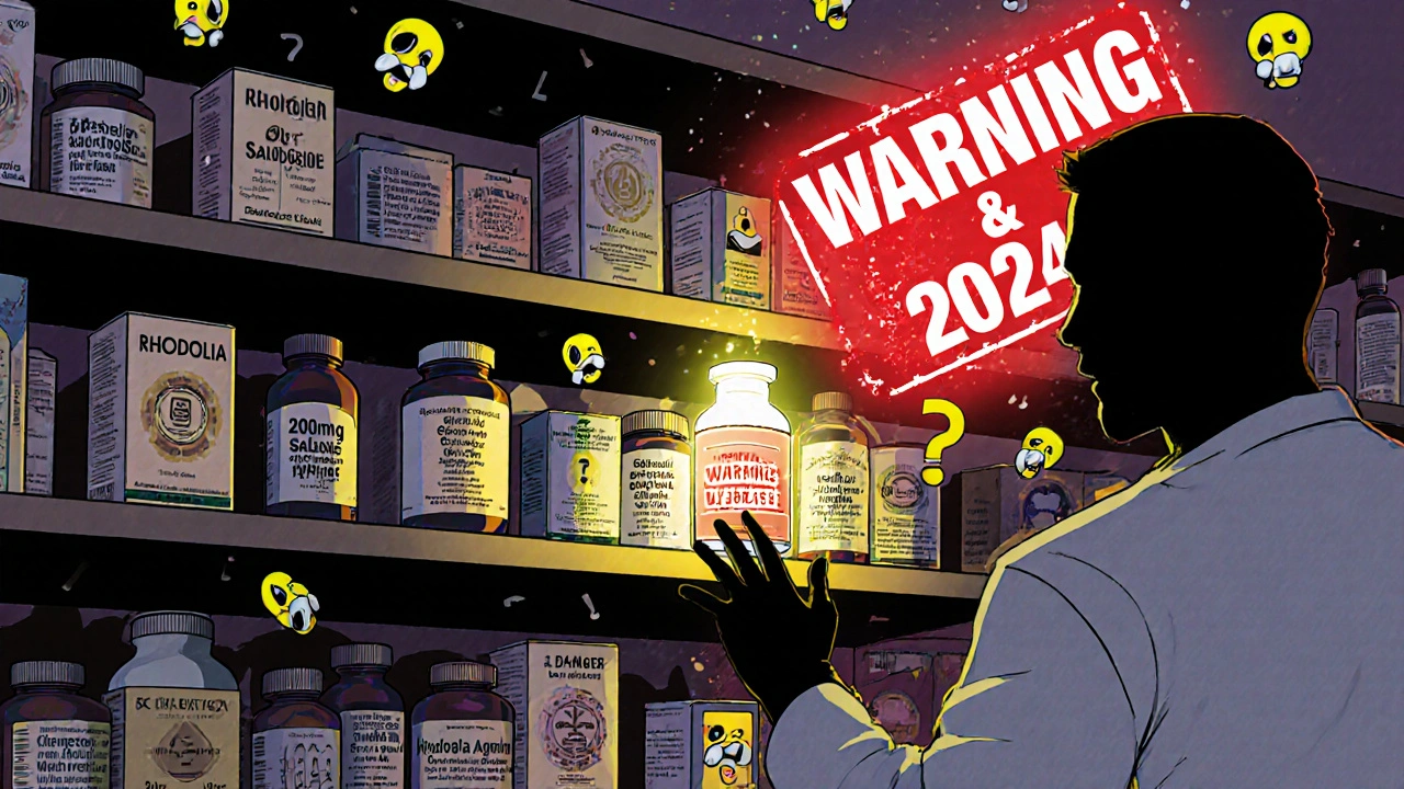 Étagère de compléments de rhodiola avec des étiquettes absurdes et un seul produit sûr qui brille, dans un style satirique Adult Swim.