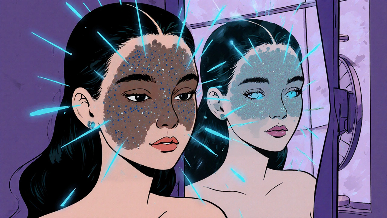 Femme avec un masque de mélasme lumineux sur le visage, alimenté par la lumière bleue des écrans.