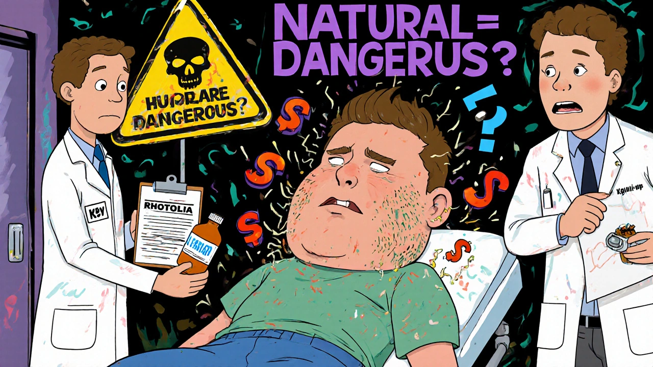 Homme en urgence médicale avec des ondes de sérotonine éclatant de son corps, entouré de médecins et de bouteilles de rhodiola et de Lexapro.