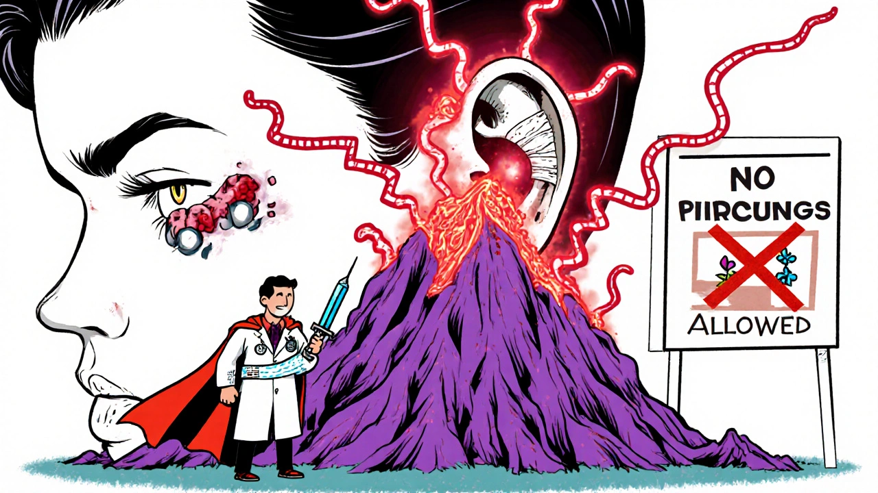 Kélode géant sur un lobe d&#039;oreille, combattu par une injection et un pansement compressif.