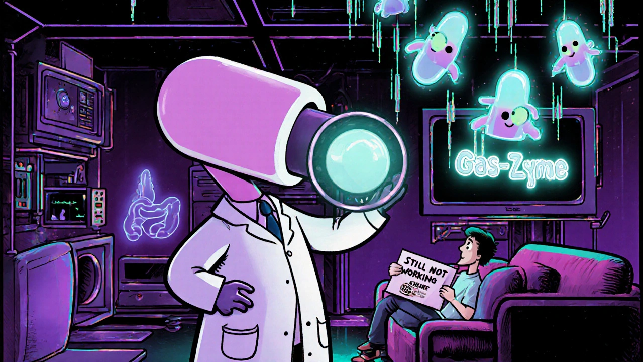 Laboratoire futuriste avec une capsule de siméthicone à action prolongée, bactéries anthropomorphisées.